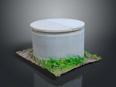 Gray Cylindrical Concrete Structure With Round Lid Surrounded By Green Grass And Dirt 3d model