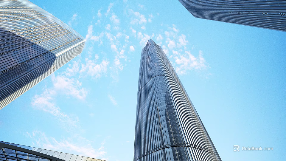 Modern Tall Office Building With Glass Facade Against Blue Sky And White Clouds 3d model 