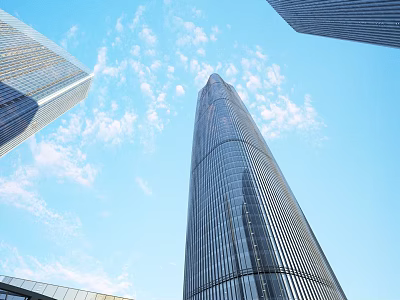 Modern Tall Office Building With Glass Facade Against Blue Sky And White Clouds 3d model