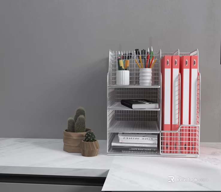 White Metal Shelf Organizing Colorful Pens Red Folders Stapler Books And Cactus Plants On Desktop 3d model 