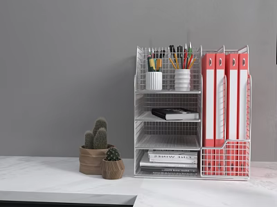 White Metal Shelf Organizing Colorful Pens Red Folders Stapler Books And Cactus Plants On Desktop 3d model