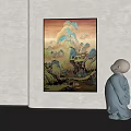 Traditional Mountain Landscape Painting On Wall With Small Sculpture Interior 3d model