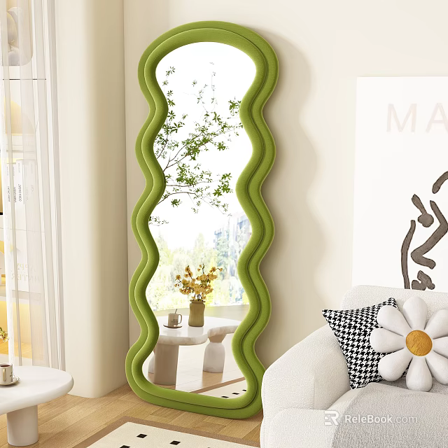 Green Wavy Design Accent Chair in Modern Living Room with White Sofa Mirror and Plants 3d model 