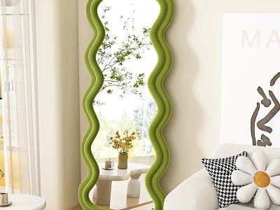 Green Wavy Design Accent Chair in Modern Living Room with White Sofa Mirror and Plants 3d model