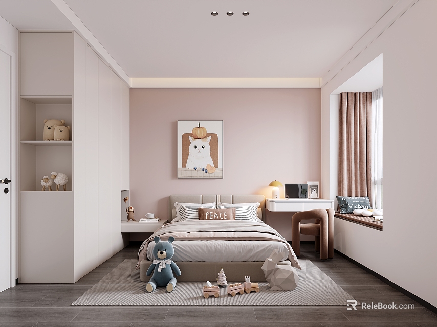 Kids Room With Pink Walls White Wardrobe Teddy Bear Desk Curtains And Animal Painting 3d model 