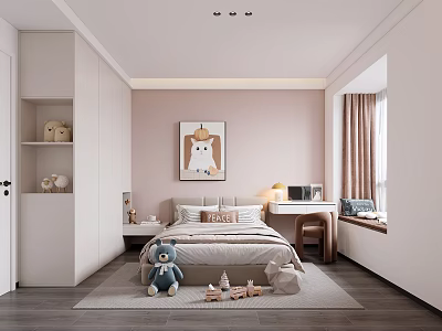 Kids Room With Pink Walls White Wardrobe Teddy Bear Desk Curtains And Animal Painting 3d model
