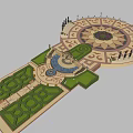 Ornate Park Landscape With Circular Flower Bed Fountain Trimmed Hedges And Decorative Columns