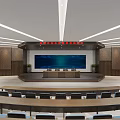 Modern Conference Room Interior With Curved Seating Large Screen Wooden Walls And Recessed Lighting