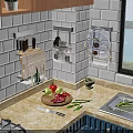 Organized Kitchen Utensils on Wall Rack with Marble Countertop and Fresh Vegetables