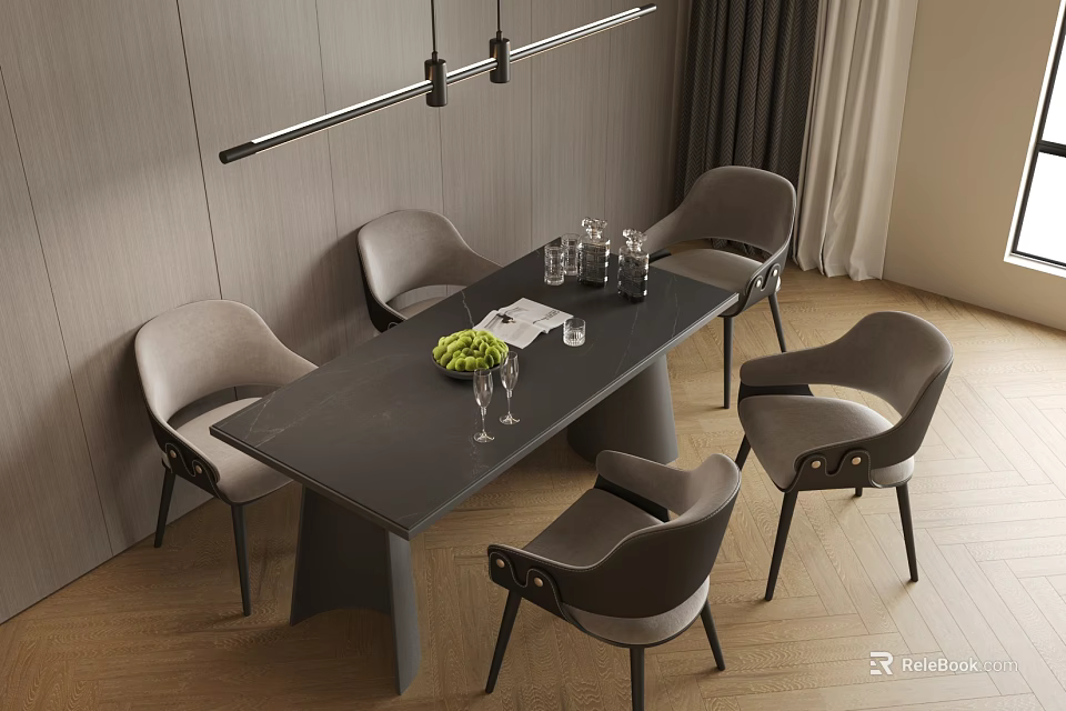 Modern Dining Table With Gray Chairs And Green Fruit Bowl In Contemporary Dining Room 3d model 