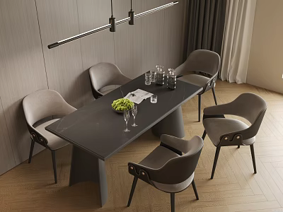 Modern Dining Table With Gray Chairs And Green Fruit Bowl In Contemporary Dining Room 3d model