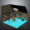 Rusted Walls Interior Scene With Blue Floor Orange Chair Shelves Pipes And Equipment Screens