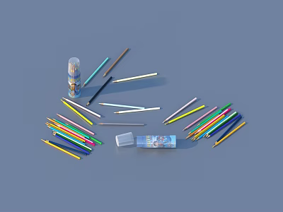 Colorful Drawing Pencils Scattered with Open and Closed Transparent Cases on Blue Background 3d model