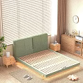 Green Upholstered Headboard Double Bed with Wooden Blinds Brown Curtains Bedside Table and Floor Lamp