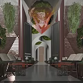 Modern Hotel Lobby Interior With Green Plants Decorative Chandelier And Arched Design