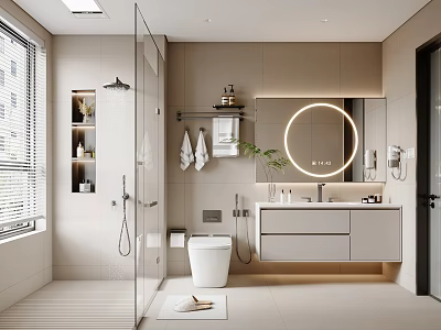 Modern Bathroom Interior Design With Glass Shower Round Mirror And White Vanity Green Plant 3d model