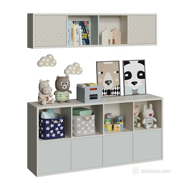 Decorative Cabinet With Stuffed Toys Storage Baskets Books Building Blocks And Decorative Paintings 3d model 