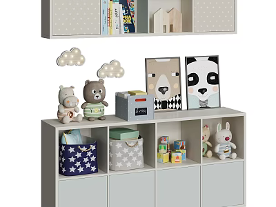 Decorative Cabinet With Stuffed Toys Storage Baskets Books Building Blocks And Decorative Paintings 3d model