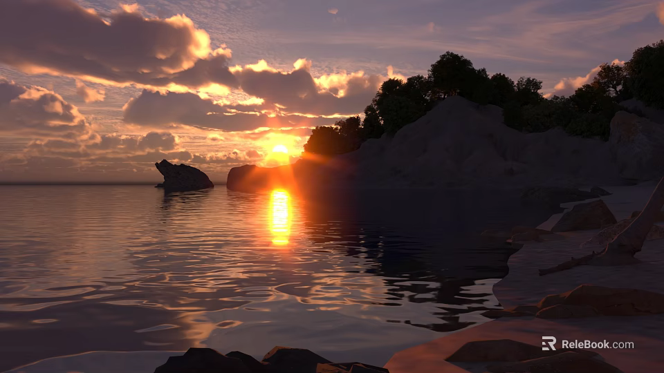 Breathtaking Sunset Coastal Scenery With Golden Sun Clouds Trees And Rock Reflections 3d model 