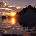 Breathtaking Sunset Coastal Scenery With Golden Sun Clouds Trees And Rock Reflections
