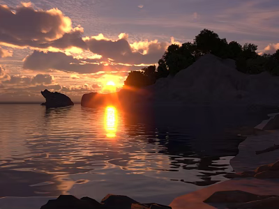 Breathtaking Sunset Coastal Scenery With Golden Sun Clouds Trees And Rock Reflections 3d model