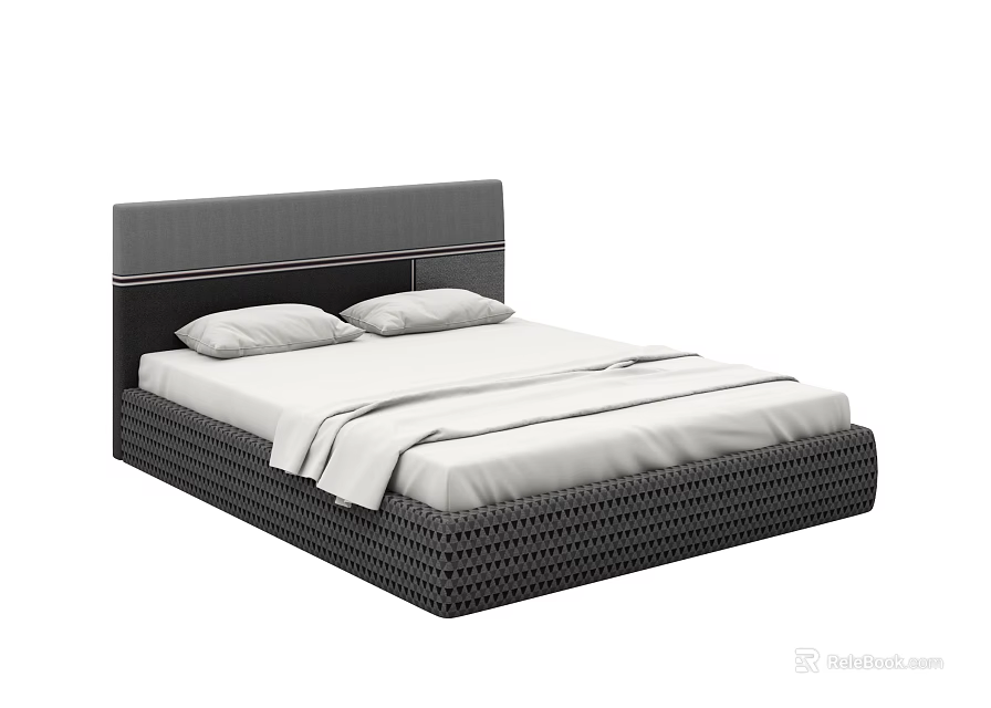 Modern Double Bed with Gray Upholstered Headboard Woven Frame and White Sheets 3d model 