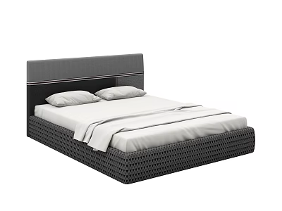 Modern Double Bed with Gray Upholstered Headboard Woven Frame and White Sheets 3d model