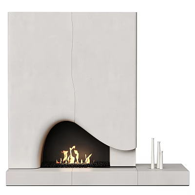 Modern White Fireplace Design with Burning Flames and Decorative Candles 3d model