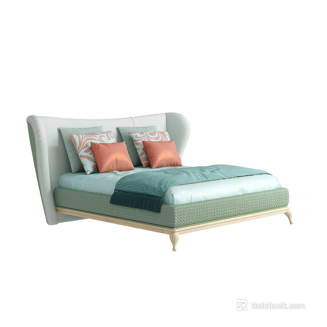 Modern Double Bed With White Curved Headboard Light Green Bedspread And Pillows 3d model