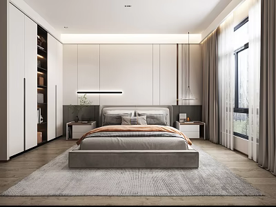 Modern Bedroom Interior Design With Bed Nightstand Wardrobe And Rug 3d model