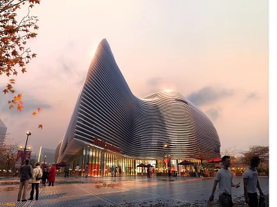 Modern Streamlined Public Building With Curved Metal Facade And Evening Pedestrian Area 3d model