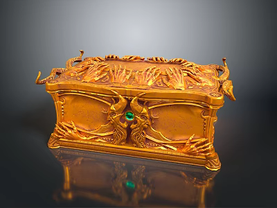 Golden Decorative Storage Box With Intricate Carved Patterns And Green Gemstone 3d model