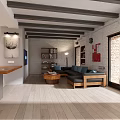 Modern Living Dining Room Interior With Gray Sofa Wooden Coffee Table Brick Wall And Bookshelf