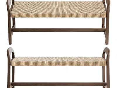 Modern Wicker Seat Sofa Bench With Wooden Frame For Living Room 3d model
