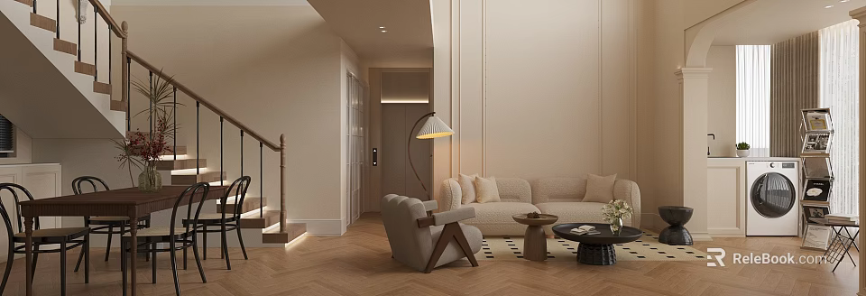 Modern Cozy Cream Style Living Dining Room With Herringbone Wood Flooring And Soft Comfortable Furnishings 3d model 