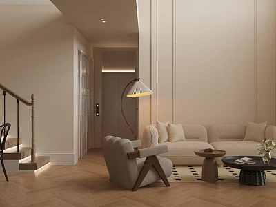 Modern Cozy Cream Style Living Dining Room With Herringbone Wood Flooring And Soft Comfortable Furnishings 3d model