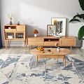 Natural Wood TV Stand In Modern Living Room With Coffee Table Oranges And Decorative Paintings