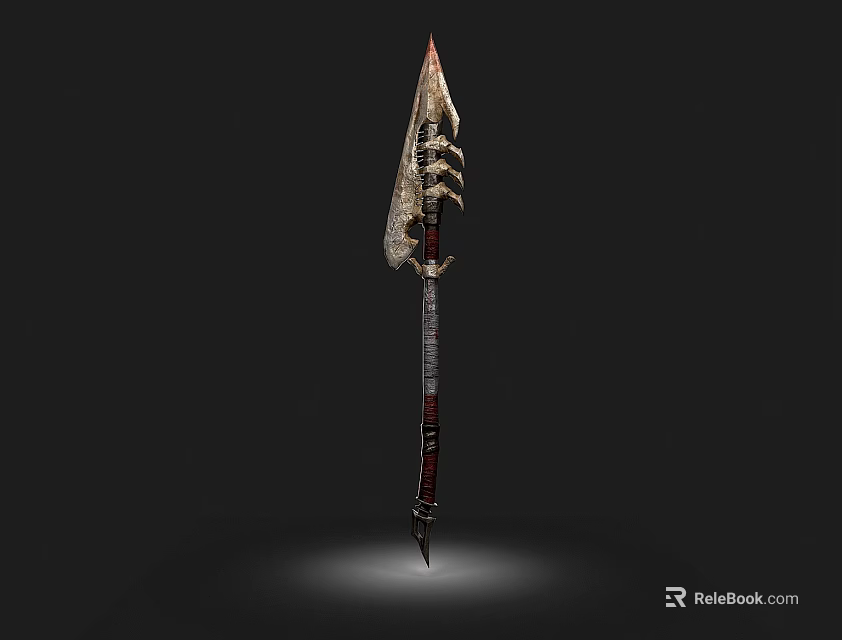 Handcrafted Ancient Spear With Decorative Bone Head And Textured Red Black Handle 3d model