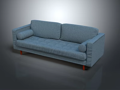Modern Blue Fabric Two-Seater Sofa with Armrests and Orange Wooden Legs 3d model