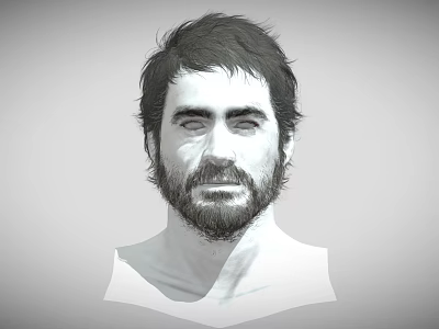 Man With Dark Hair Beard And Mustache In Neutral Expression Headshot Portrait On Gray Background 3d model