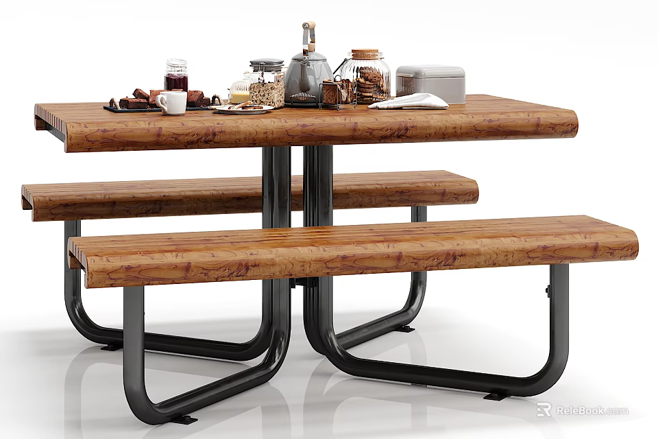 Rustic Wooden Dining Table and Bench Set with Black Metal Legs and Serving Items 3d model