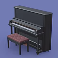 Black Upright Piano Musical Instrument With Red Cushioned Stool On Blue Background