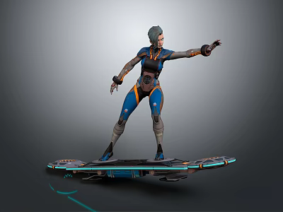 Game Movie Character With Short Hair Wearing Blue Orange Futuristic Mechanical Outfit On Hoverboard In Extended Arm Pose 3d model