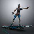 Game Movie Character With Short Hair Wearing Blue Orange Futuristic Mechanical Outfit On Hoverboard In Extended Arm Pose