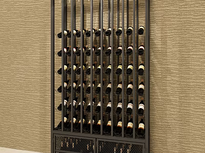 Modern Vertical Wine Cabinet With Black Metal Frame And Beige Textured Wall Holding Wine Bottles 3d model