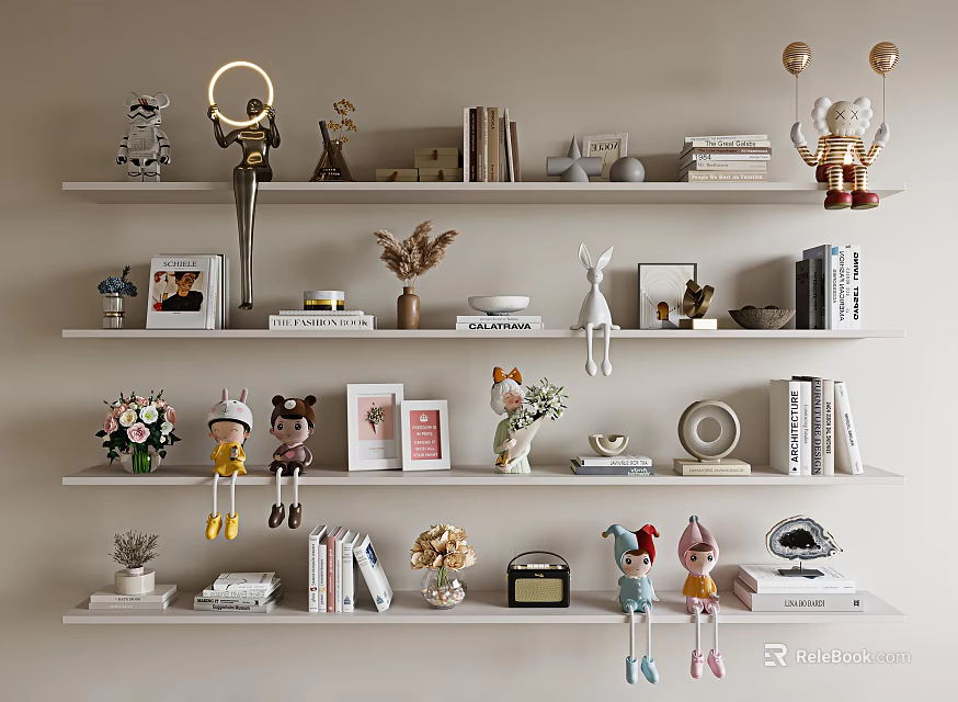 Decorative Ornaments and Figurines Collection Displayed on White Shelves with Books Vases and Dolls 3d model 