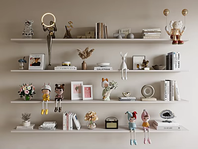 Decorative Ornaments and Figurines Collection Displayed on White Shelves with Books Vases and Dolls 3d model