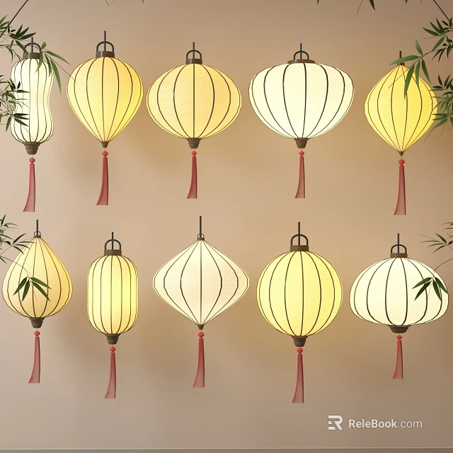 Traditional Chinese Decorative Hanging Lanterns Yellow White Round Polygon Shapes with Red Tassels 3d model 