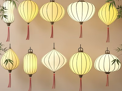 Traditional Chinese Decorative Hanging Lanterns Yellow White Round Polygon Shapes with Red Tassels 3d model