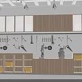 Modern Kitchen Wooden Cabinets With Open Shelves Tool Wall And Orange Storage Boxes